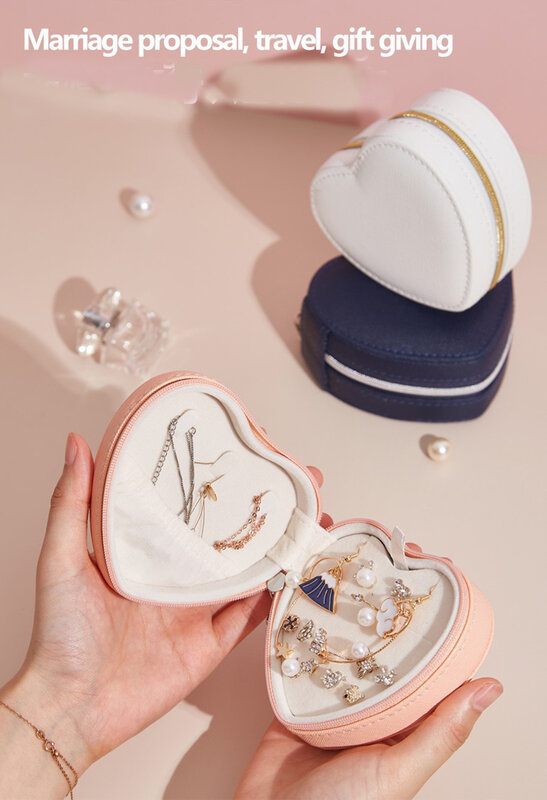 Forma do coração caixa de jóias viagem portátil brinco anel colar organizador de armazenamento couro plutônio feminino meninas jóias exibição caso