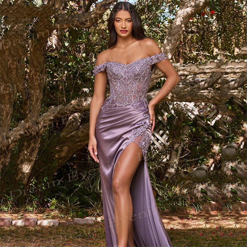 Gaun malam putri duyung bordir renda seksi ungu Satin sutra belahan samping Modern gaun Prom bahu terbuka Vestidos De Noche