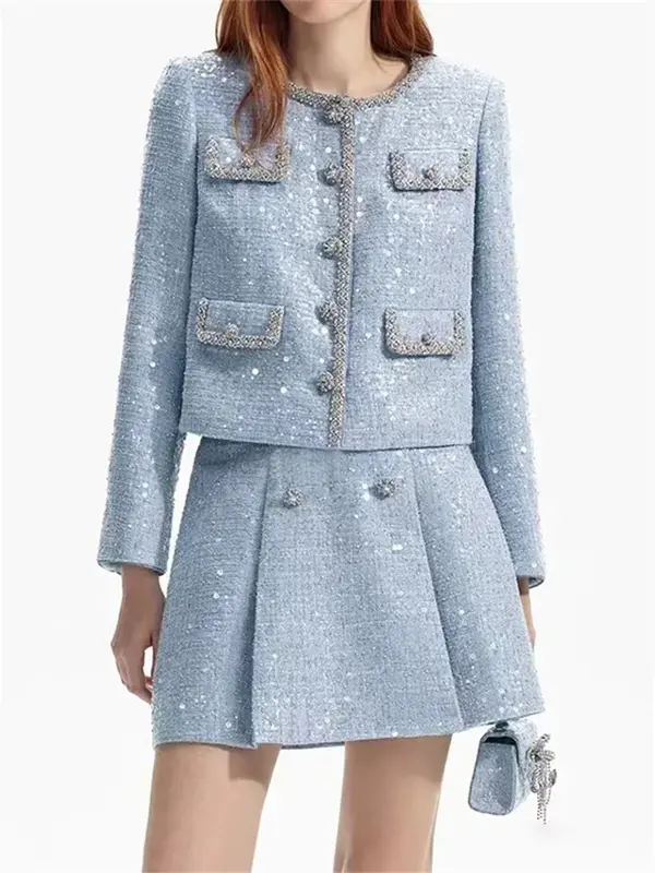 女性用シングルブレストコート,ハイウエストスカート,ダイヤモンドスパンコール,春のファッション,2022