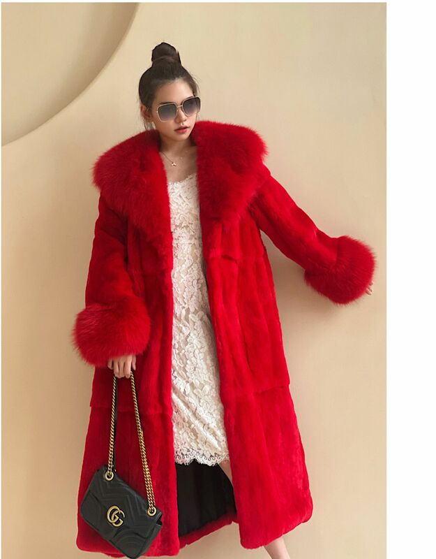 Brand Quality New Winter Women Real Rex Rabbit Fur Coat with Large Fox Fur Collar Sleeve cuff High-end Natural Fur X-long Jacket