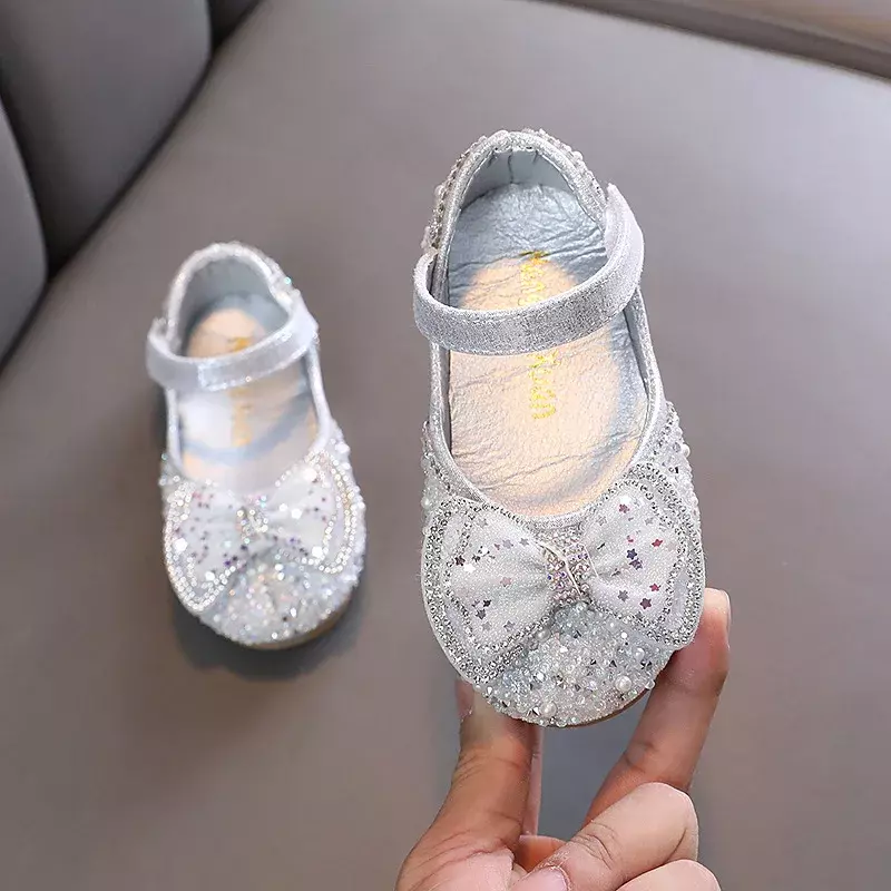 2024 Children's Sequins Bow Leather Shoes Spring Girls Rhinestone Princess Shoes Cute Kids Soft Bottom Dance Shoes Size 21-36