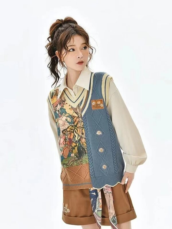 Vintage Knit Vest Women V-neck Harajuku Patchwork Aesthetics Knit Waistcoat Kawaii Sleeveless Jacket Y2k Tops Jumpers Vests