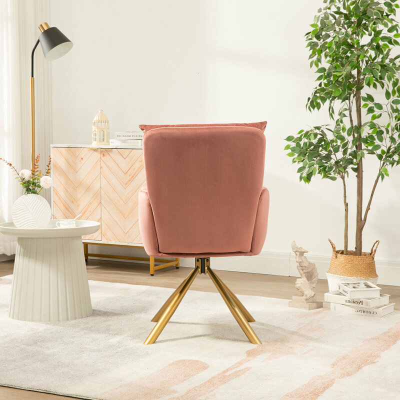 Moderner gepolsterter drehbarer Akzents tuhl aus rosa Samt mit hoher Rückenlehne, schickem Design und Plüsch komfort zur Steigerung Ihres Wohn-Spa