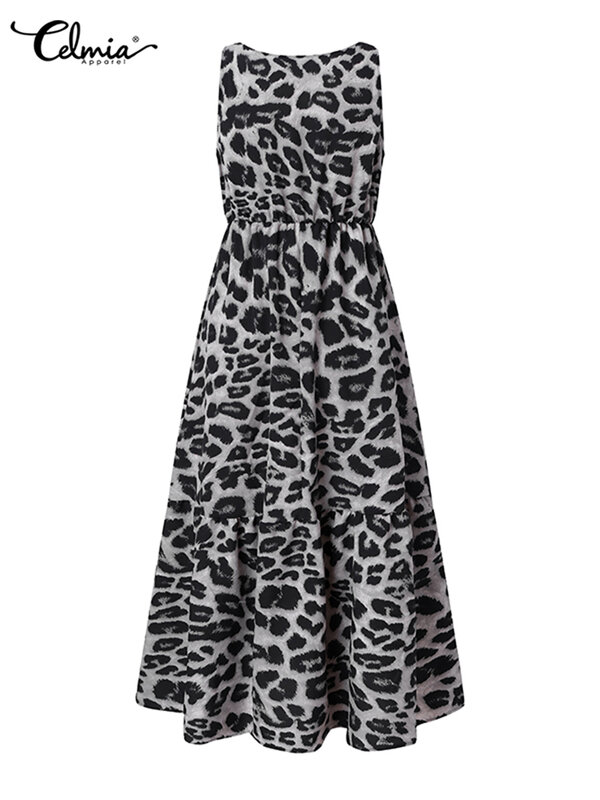Celmia – robe longue de soirée élégante, sans manches, Sexy, style bohème, imprimé léopard, tenue d'été décontractée, 2022