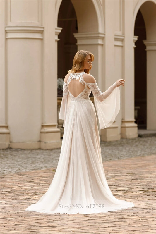 Halter Appliques Lace Wedding Dresses Removable Sleeve Wedding Gowns Backless A-line Court Side Splirt vestido de novia