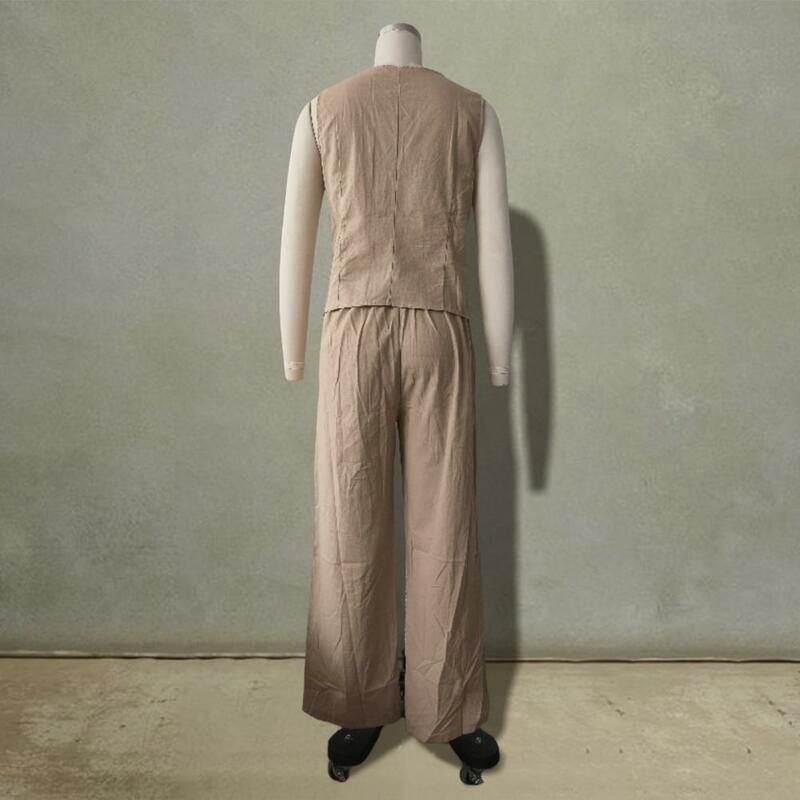 M-5XL de 2 piezas para mujer, traje sin mangas con cuello en V, Top de una sola botonadura, Pantalones rectos de cintura elástica, trajes informales