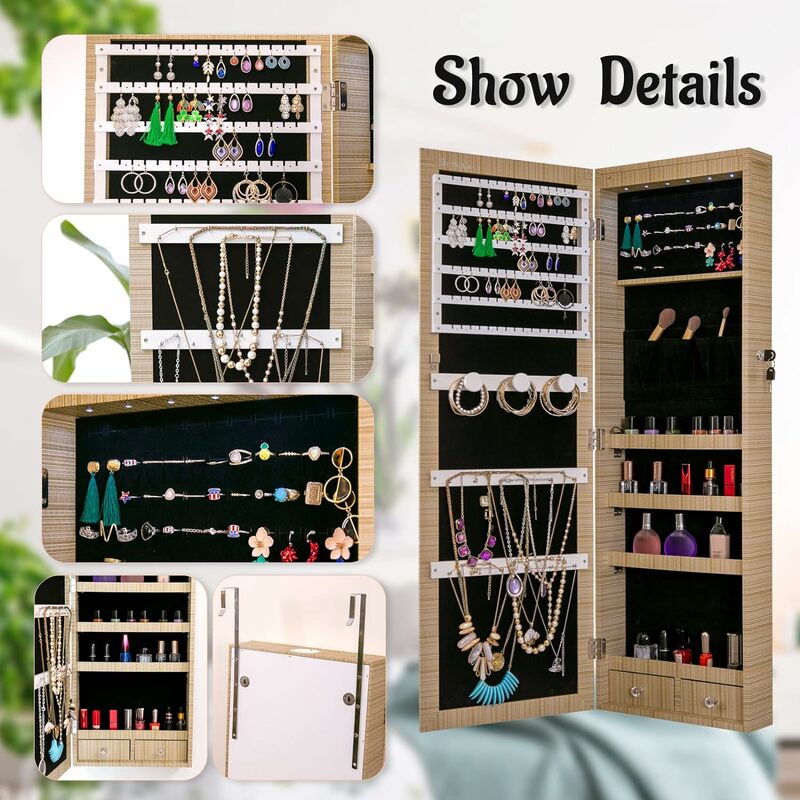Armoire à bijoux miroir avec 6 lumières LED, armoire à bijoux montée sur mur ou porte, boîte à bijoux avec nouveaux matériaux, amélioré