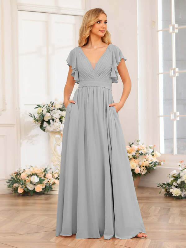 Classic Chiffon V Neck Ruffles Short Sleeves A-line Plain Long Bridesmaid Dresses With Ruched Elegant Backless Prom Dresses