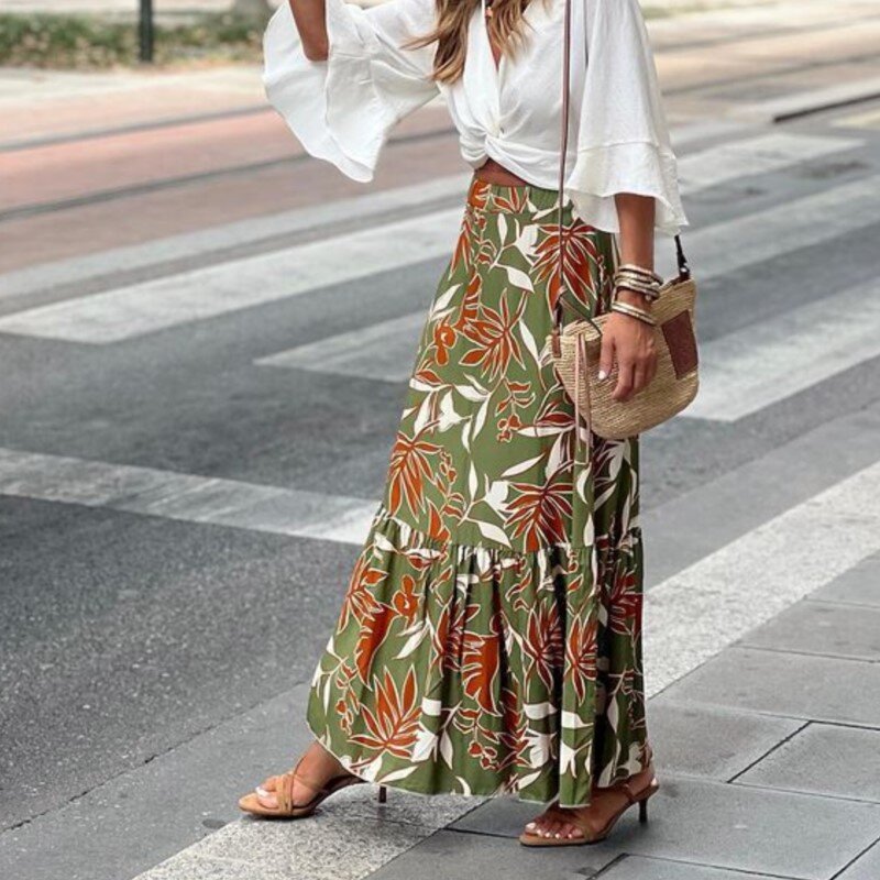 Rok wanita elegan mode musim panas musim semi rok panjang tambal sulam wanita pinggang elastis Streetwear kasual Vintage Vestidos