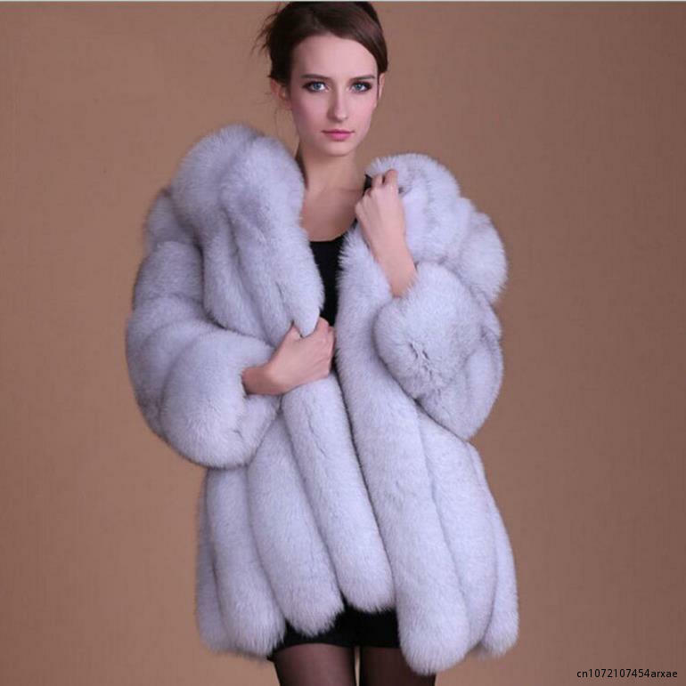 Casaco longo de pele falsa para mulheres, jaqueta fina, listra, moda luxuosa, inverno