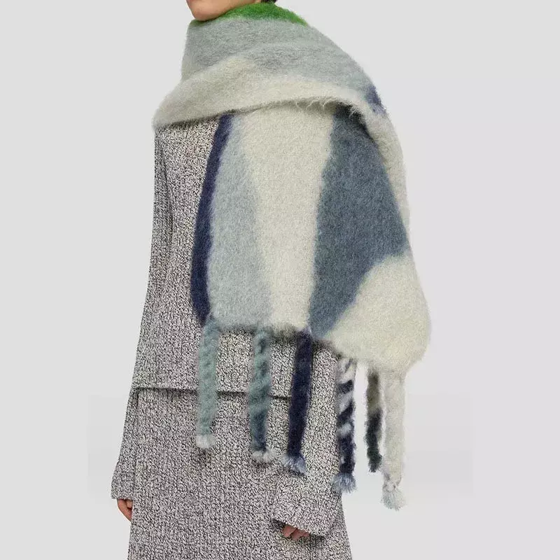 Mohair kontras syal gradien tebal rumbai warna-warni Fashion pasangan Neckband Kawaii musim dingin hangat syal kasmir aksesoris