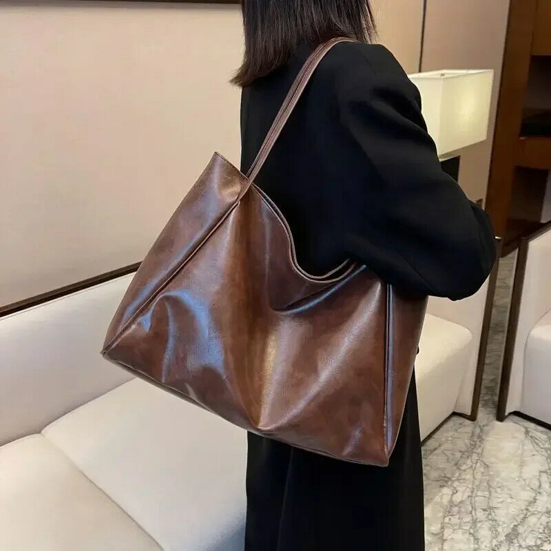 MBTI Vintage Red Womens Tote Bag Athletic Casual Fashion Large Capacity Leather Shoulder Bag Shopper Harajuku Simple Handbag Sac