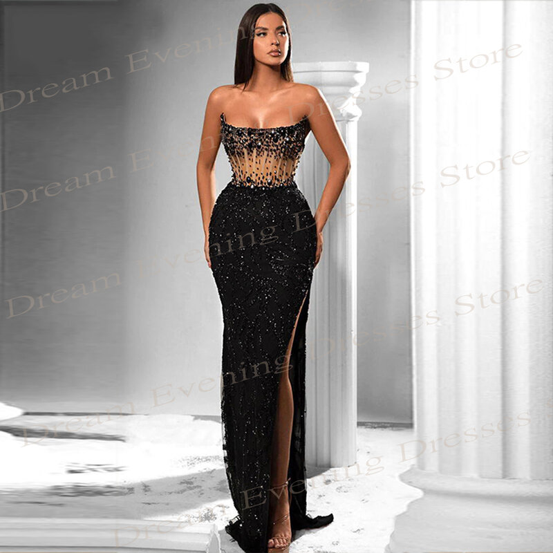 Charming Black Mermaid Exquisite Evening Dresses Sexy Strapless Sleeveless Beading Sequined Prom Gowns With Side Split For Women