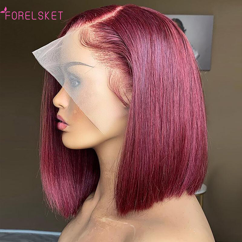 99J Burgundy Lace Front Wigs Human Hair,Wine Red Short Straight Bob Wig 13x4 HD Pre Pucked Per Cut Closure Wigs For Black Woman