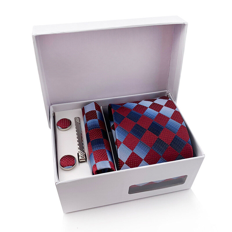 2023 neue 6 stücke Set Geschenk box für Männer klassische karierte Polyester Krawatte Tasche quadratische Clip Manschetten knöpfe Taschentuch Großhandel