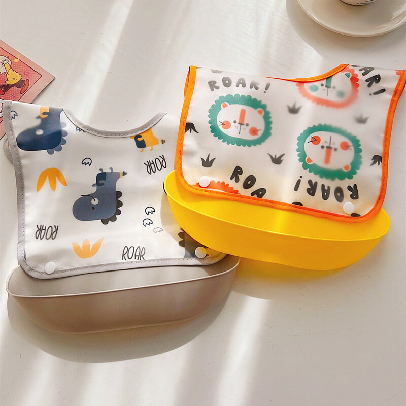 Detachable Rice Pocket Baby Feeding Bib Imitation Silicone Waterproof Bibs For Baby Kids Burp Cloth Cartoon Adjustable