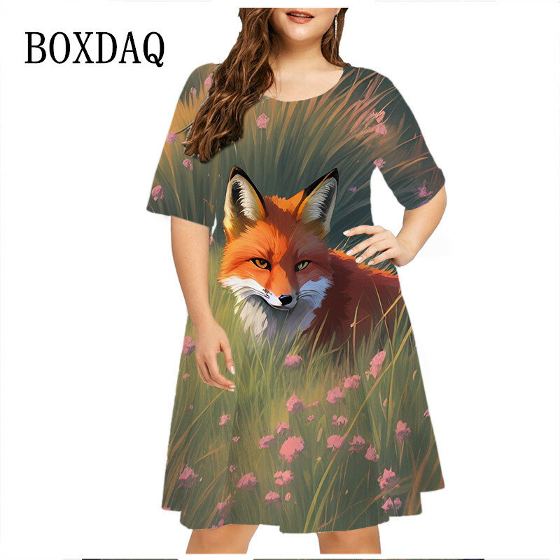 Vestido corto holgado con estampado 3D para mujer, minivestido informal de manga corta con estampado de zorro y pintura de animales, talla grande, 2023