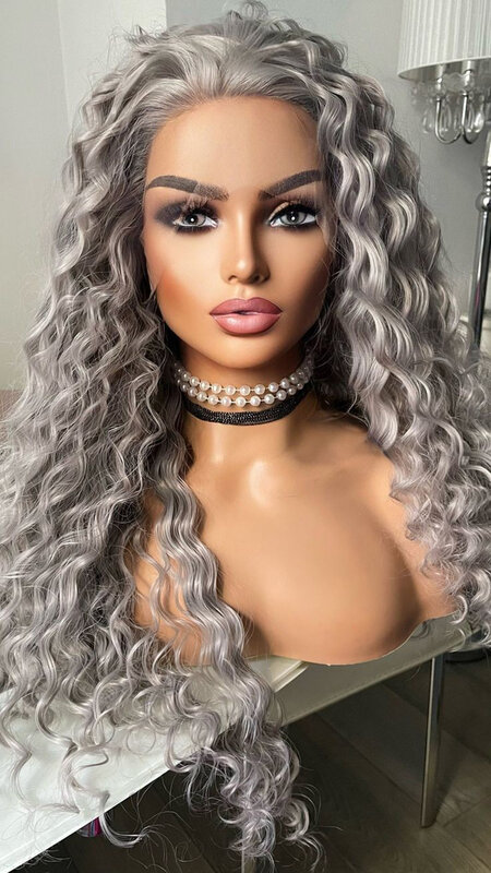 Diniwigs Long Deep Wave Synthetic Lace Front Wigs Gray Synthetic Wig Lace Front for Women Heat Fiber Hair Christmas Cosplay Wigs