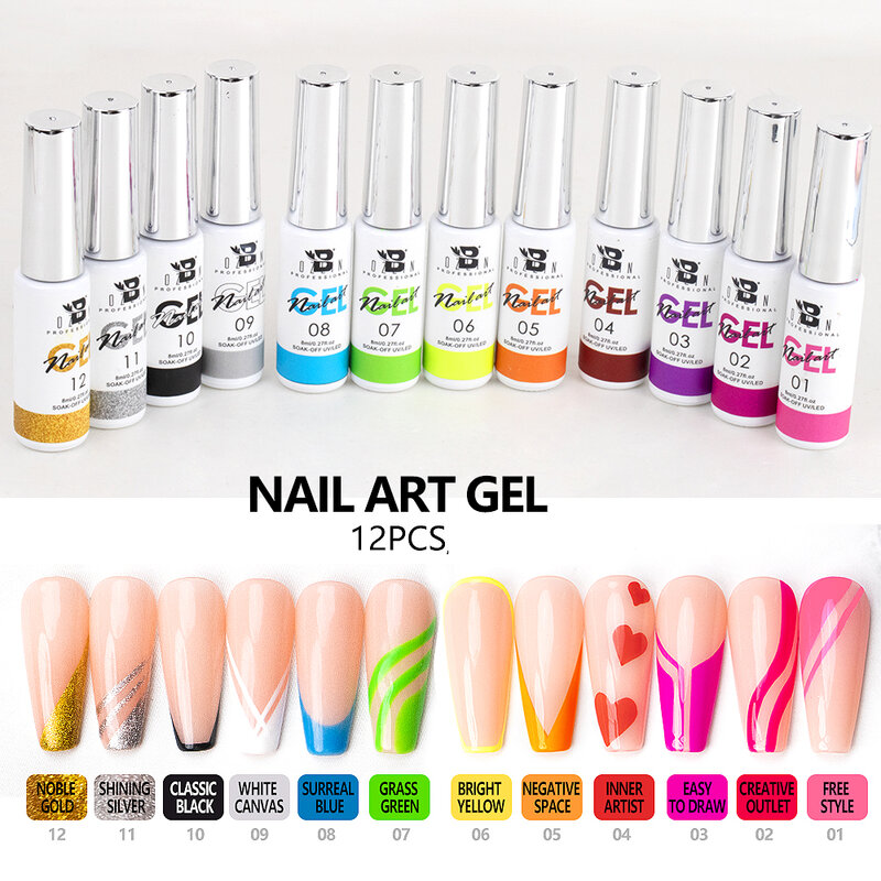 BOZLIN Nail Art Line ภาษาโปลิชคำเจล12สี UV/LED สีเล็บโปแลนด์ DIY ภาพวาดเคลือบเงา Pastel สี Liner เจล