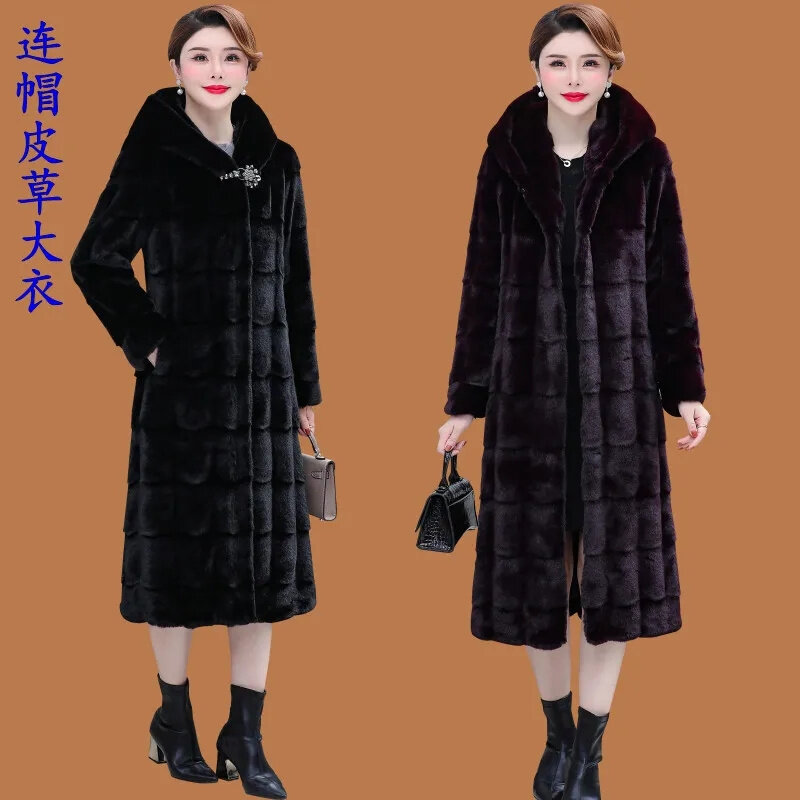 คุณภาพสูงเสื้อขนสัตว์ยาวผู้หญิงฤดูหนาวเลียนแบบ Mink Hooded Coat หนากลางอายุผู้สูงอายุแม่ parka 2022ใหม่