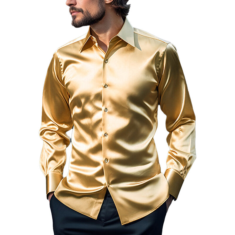 Camisa masculina de seda cetim, slim fit, manga comprida, perfeita para festas e ocasiões especiais, elegante, 108 caracteres