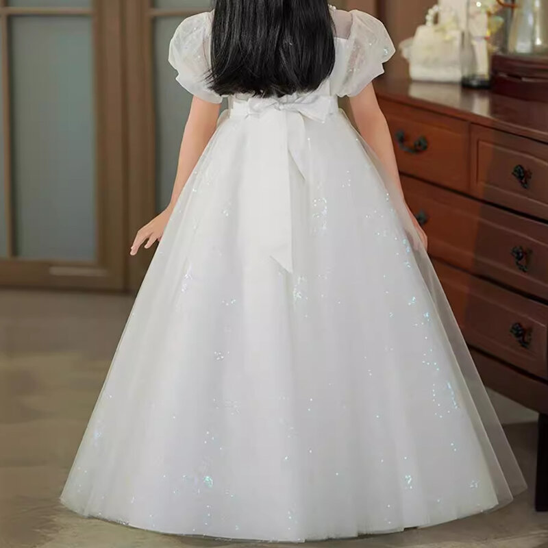 Flower Girls Dresses Pearl Necklace Puff Sleeve Long Dress for Wedding Birthday Party Princess Dress Teen Girl Baptism Clothes