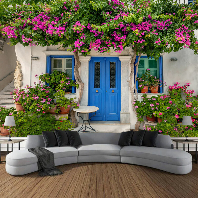 Tapiz de pared de flores rústicas italianas, paisaje mediterráneo al aire libre, colgante de pared grande, adecuado para Patio, dormitorio, decoración de arte de pared