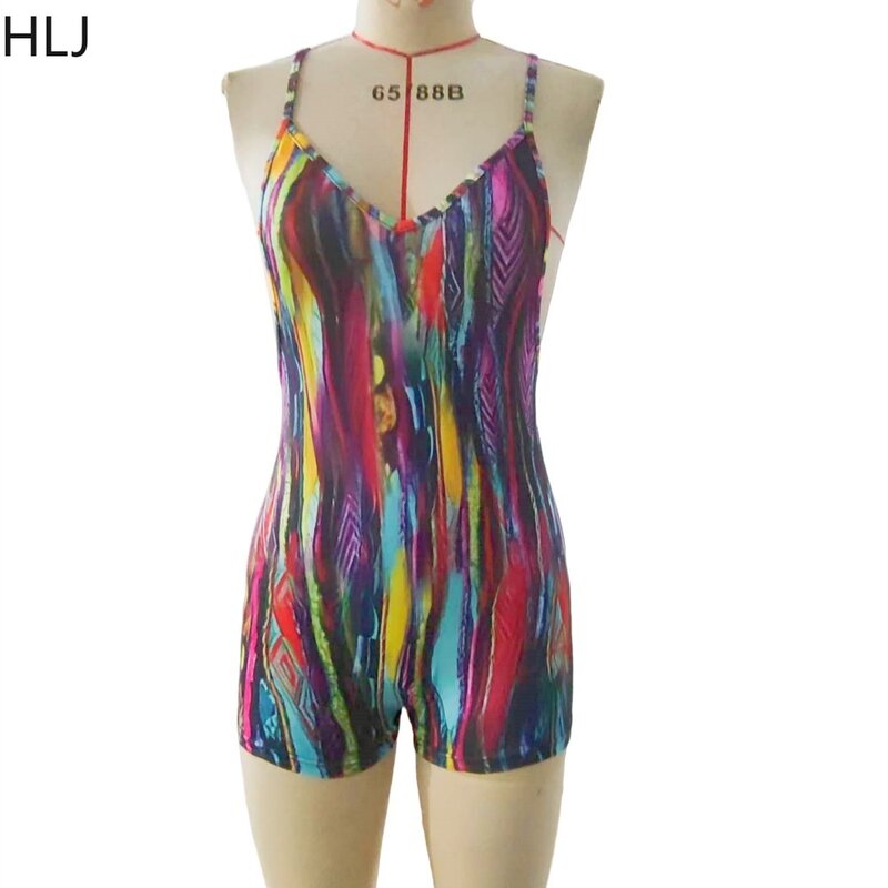 HLJ Sexy Y2K Printing Bodycon Backless Rompers Women Suspenders Deep V Sleeveless Slim Jumpsuits Fashion Female Hollow Playsuits