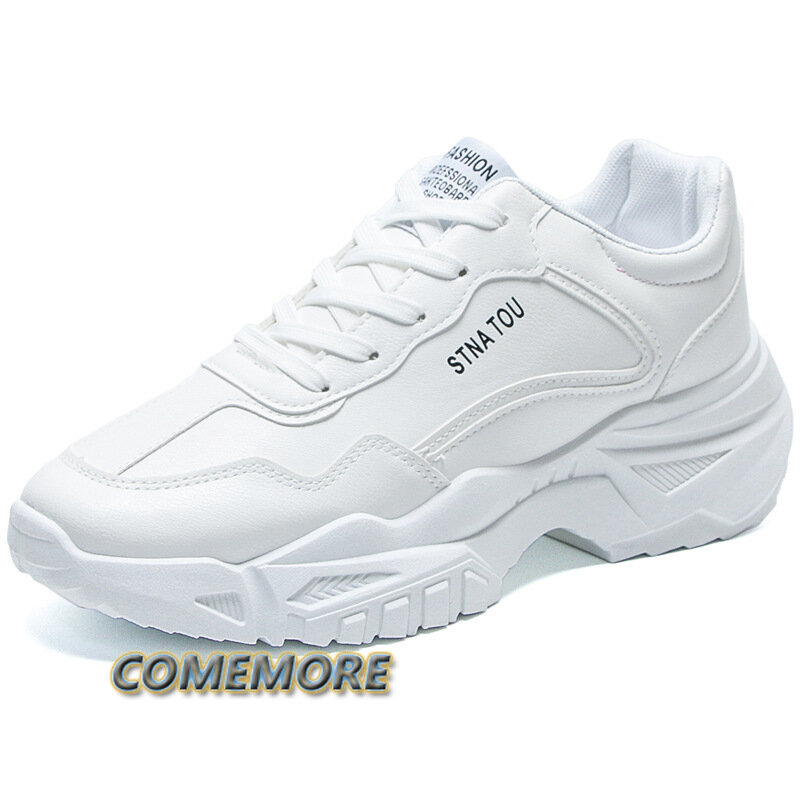 Chunky Sneakers-Chaussures de course blanches décontractées pour hommes, chaussures à plateforme en PU pour hommes, chaussures canisées à tête ronde, chaussures à lacets d'été, mode printemps