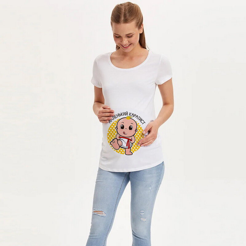 Ciążowe słodkie dla dzieci, z nadrukiem koszulka z dekoltem w kształcie litery "o" z krótkim rękawem T-shirt w ciąży Mama topy koszulki ubrania dla dzieci Announcment Tshirt koszula ciążowa
