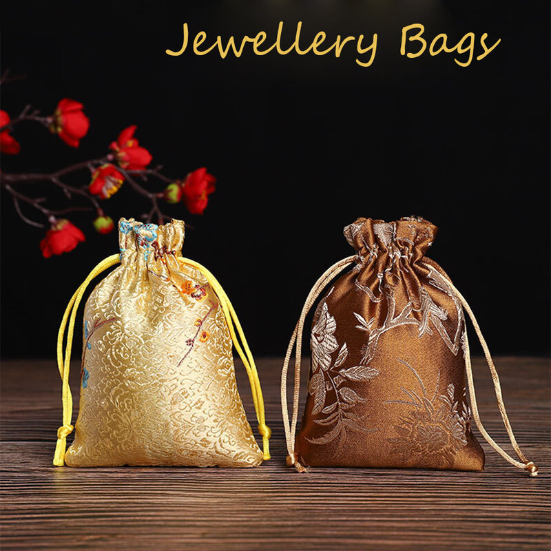 Satin Embroidered Vintage Storage Bag Christmas Drawstring Gift Bag Wedding Birthday Jewllery Packing