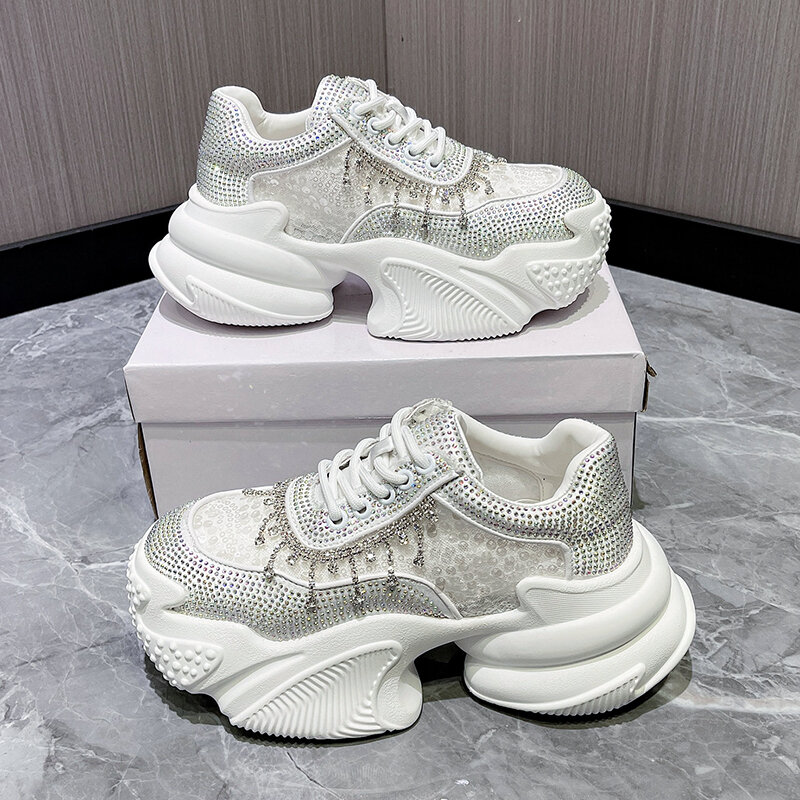 6.5CM Women Platform Luxury Outdoor Shoes Shine Rhinestone Decoration Sneakers Walking Sports High Quality Casual Shoes Female