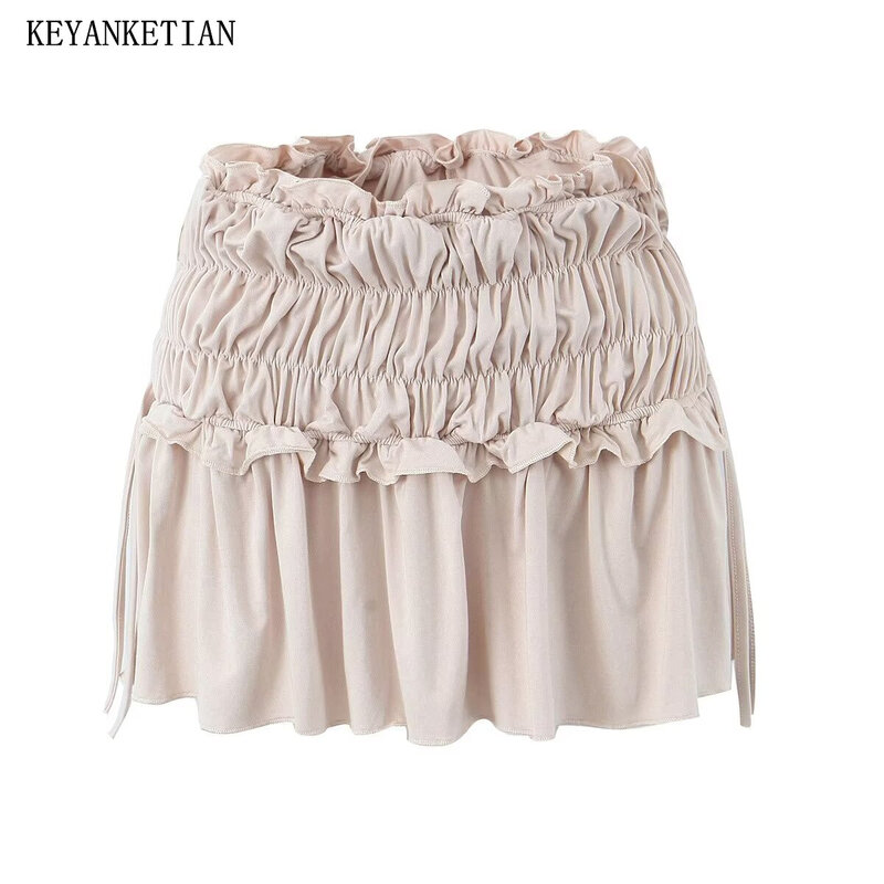 Keyanketian女性用伸縮性ウエストプリーツミニスカート、引きひもの装飾が施されたシックなパンタスカート、甘いパッチワーク、新しい発売、2022