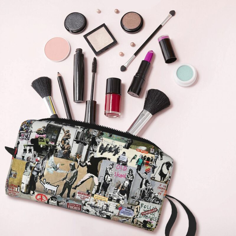 Bolsa de maquiagem Banksy-Collage para mulheres, organizador de cosméticos, kit Dopp, armazenamento, higiene pessoal, beleza, estojo para viagem