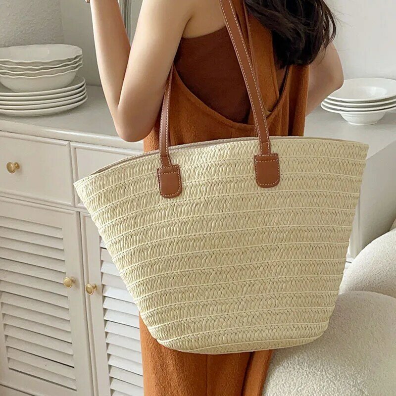 Повседневные плетеные пляжные соломенные сумки, роскошная дизайнерская женская сумка для покупок, сумка для отпуска, женская летняя вместительная сумка-тоут