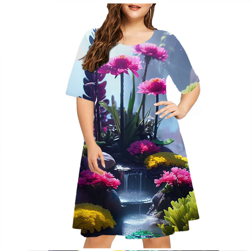 Tie Dye viola stampa floreale vestito da donna estate Plus Size abbigliamento donna 6XL Casual manica corta allentato Mini abito da donna prendisole