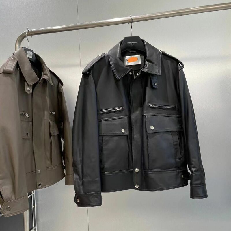 2023 Genuine Leather Jacket Autumn and Winter New Sheep Leather Work Clothes Pocket Zipper Casual Loose Long Sleeved Jacket Jack