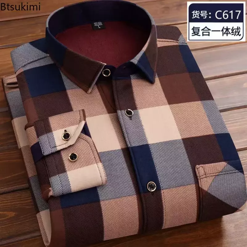 Autumn Winter Men's Long Sleeve Warm Plaid Shirt Fleece and Thick Casual High Quality Large Size Shirt Male Vintage Sweater 4XL