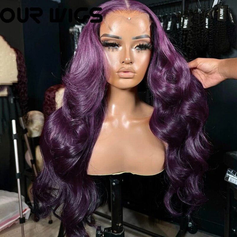 Peluca con malla frontal para mujer, pelo sintético prearrancado sin pegamento, color morado oscuro