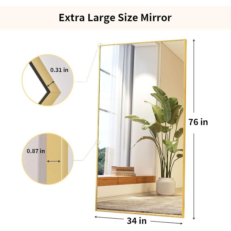 Miroir sur pied avec support, miroir pleine longueur, miroir de sol complet, miroir sur pied, mur en aluminium