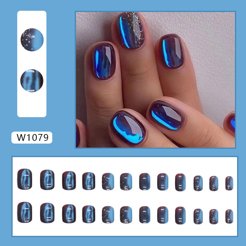Mitternachts blaues Quadrat drücken auf Nägel kurze glänzende künstliche Nägel mit Katzenauge Designs volle Abdeckung falscher Acryl nagel wieder verwendbarer Stick on