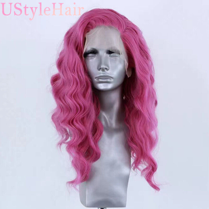 UstyleHair-Perruque Lace Front Wig Body Wave pour femmes et filles, cheveux synthétiques longs, rose vif, délié naturel, degré de chaleur 03/