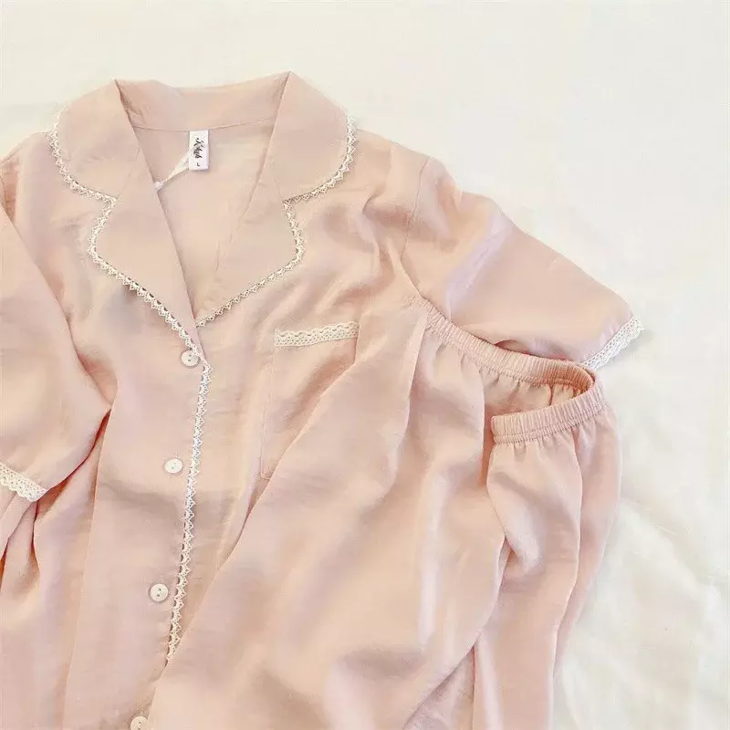Кружевной женский летний пижамный комплект с шортами, розовая Милая женская одежда для сна, комплект из 2 предметов, однобортный пижамный комплект для женщин 2023