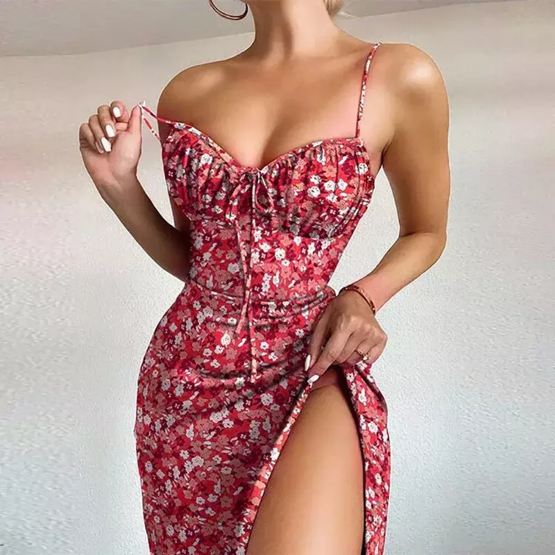 Gaun tali Spaghetti motif bunga gaun belah ramping pesta pantai potongan rendah seksi wanita Bodycon cantik Vestidos tanpa lengan HH04
