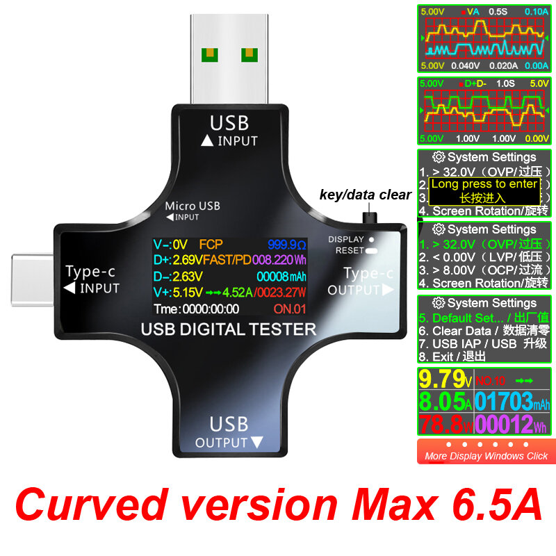 Testador USB Colorido TFT com Bluetooth, Tipo-C, PD Voltímetro Digital, Medidor de Corrente, Amperímetro, Medição de Tensão