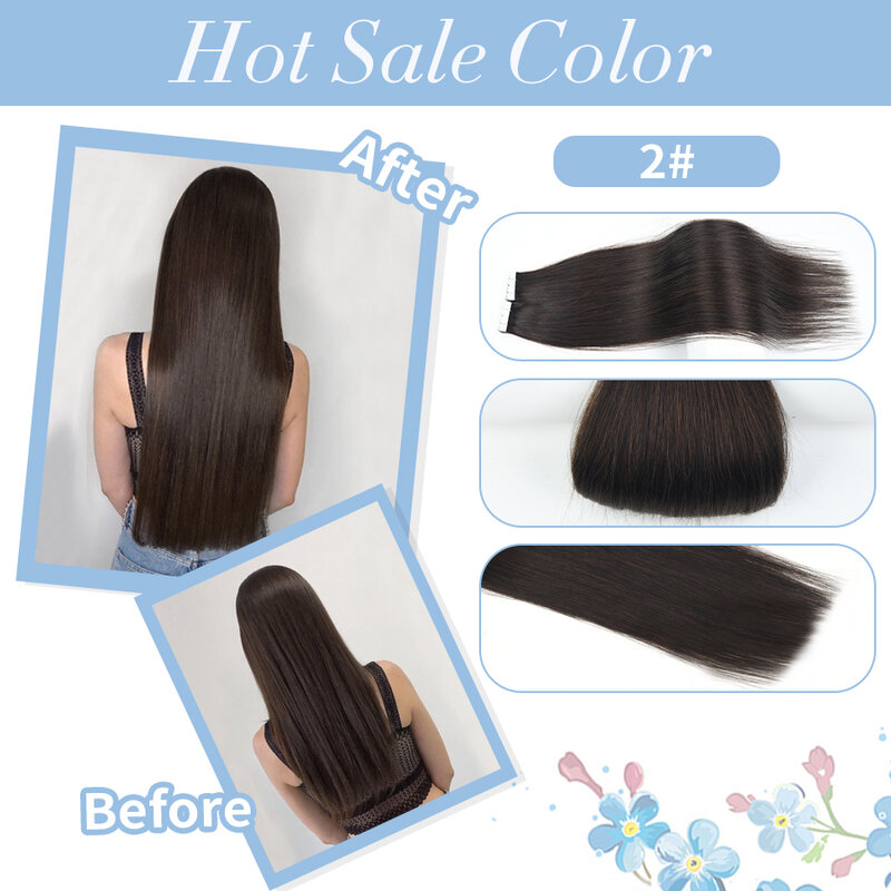 K.S WIGS Tape In Human Hair Extensions Straight Seamless Skin Weft Black Brown Natural Non-Remy Human Hair Invisible Tape Ins
