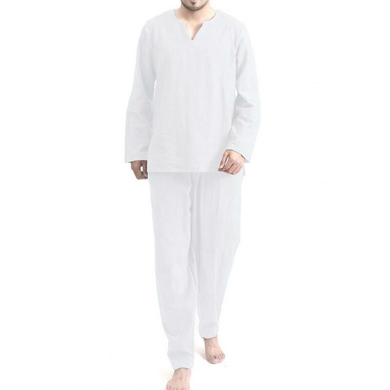 Pijama holgado con cuello en V para hombre, ropa de dormir cómoda, conjuntos de pantalones y camiseta, Color sólido