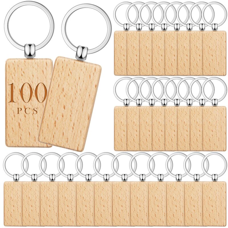 100 buah gantungan kunci kayu persegi panjang kosong Swakarya gantungan kunci kayu tag kunci dapat mengukir hadiah Diy