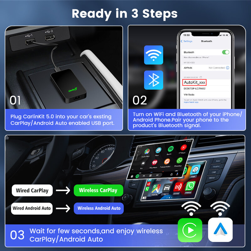CarlinKit Wireless Android Auto Box, CarPlay portátil, Dongle para rádio de carro, CarPlay com fio, 2Air, 2024