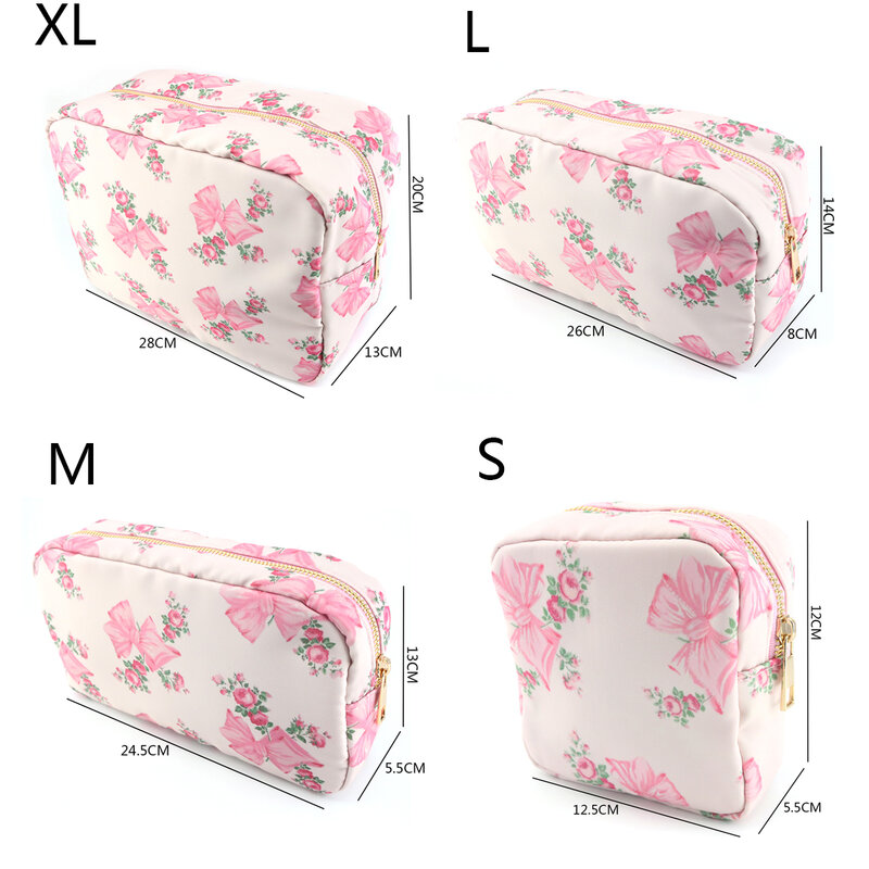 Bolsa de cosméticos de nailon con estampado de lazo rosa para mujer, bolso de mano para exteriores, bolsa de viaje, conjunto de mochila, bolsa de lona